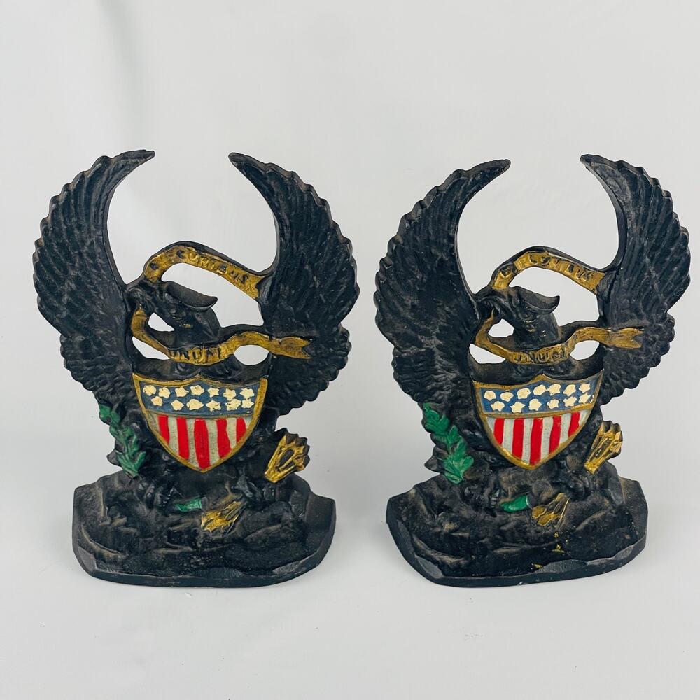 VTG Hubley Antique Book Ends Cast Iron Old Abe American Eagle w/ 13 Star Shield